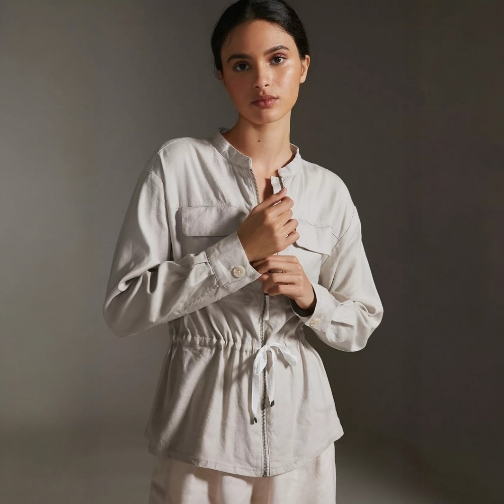 Maeve By Anthropologie Aviator Linen Blend Jacket, Stone Beige, XL, Utility